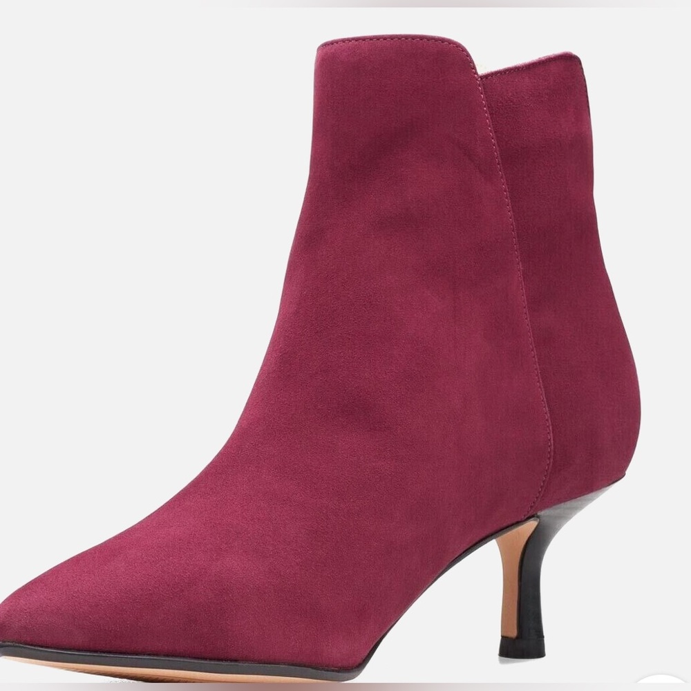 Clark’s Violet55 Merlot Suede bootie with kitten heel